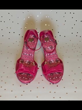 Mel by Melissa Bright Pink Bow Ankle-Strap Sandals with Floral Insole